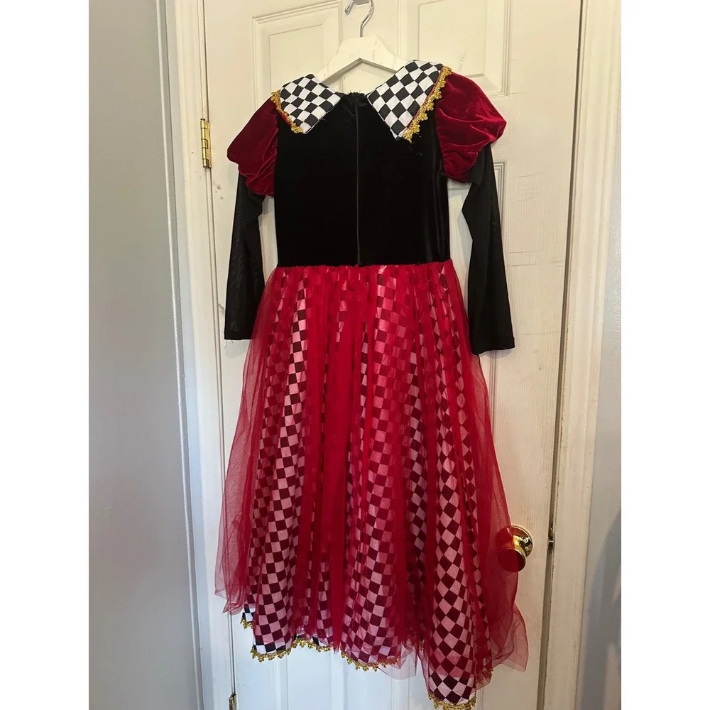Kids Queen of Hearts Costume Dress Red Black Velvet Tulle Sequin Heart Halloween